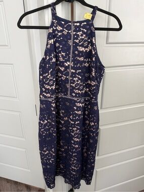 Vince Camuto Navy and Nude Lace Cocktail Dress